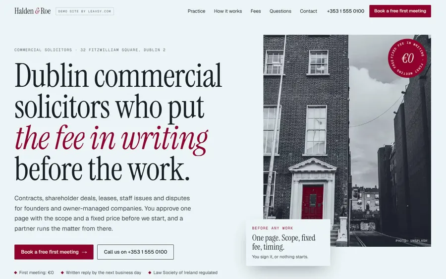 Halden & Roe law firm homepage — pale editorial page, serif headline with a wine-red phrase, black-and-white Dublin townhouse with a red door