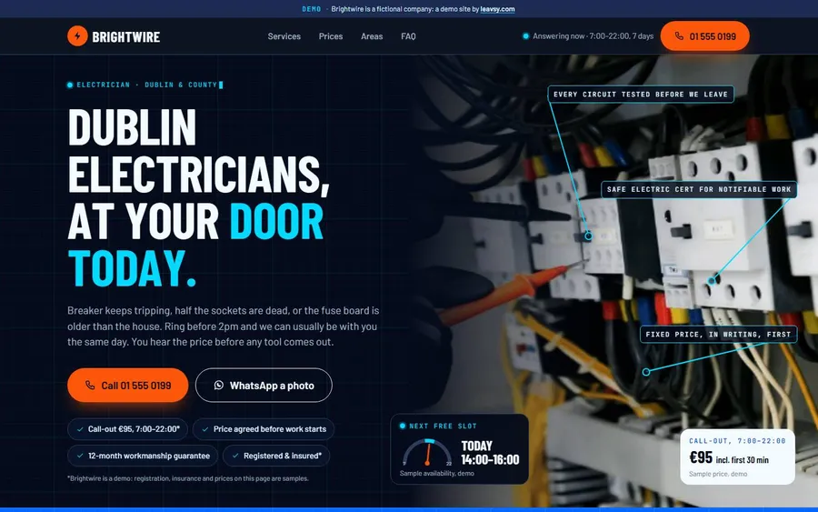 Brightwire electrical services homepage — dark blueprint grid, cyan headline, fuse-board photo with drawn callouts, orange call button